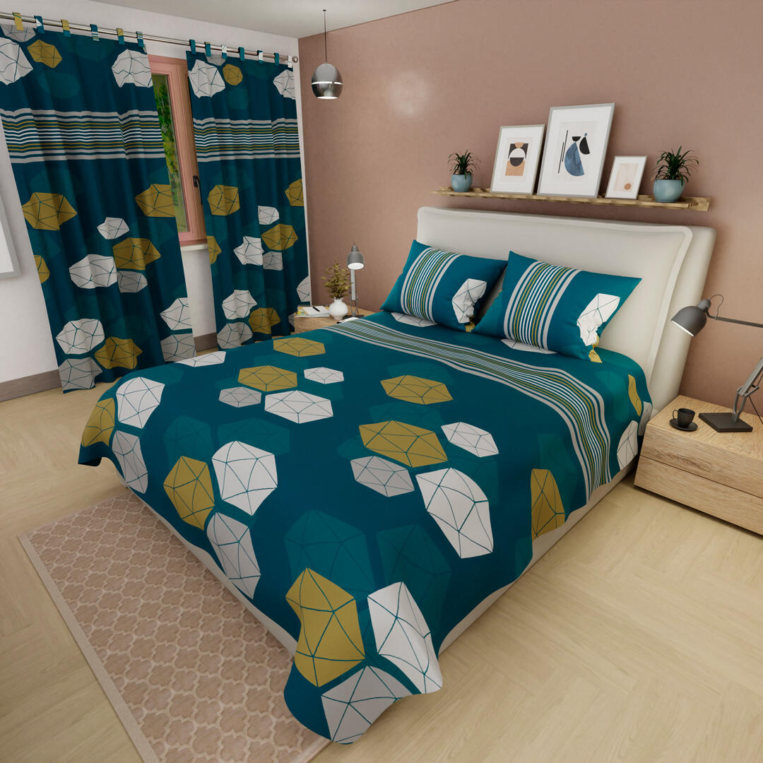 Juego De Sábanas Con Cortinas Azul Geométrico Hexagonal Colorida