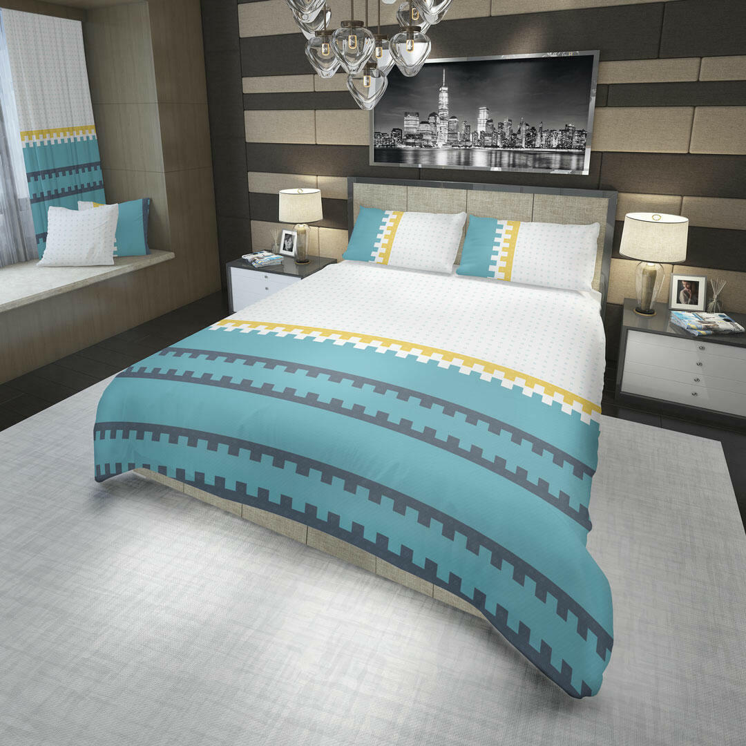 JUEGO DE SÁBANAS 180 HILOS FLORES Y CÍRCULOS EN FRANJAS AZUL Y AMARILLAS