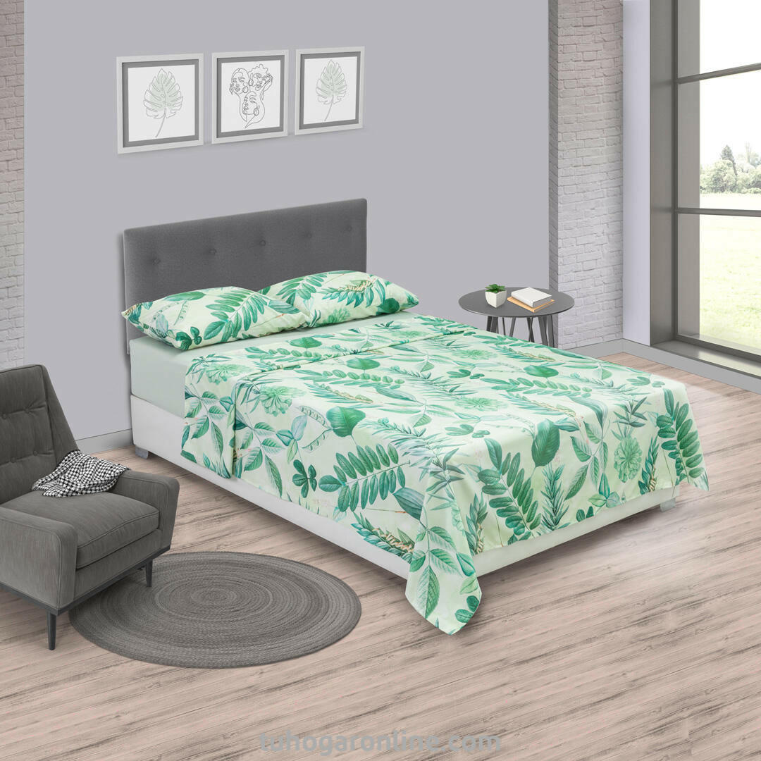 JUEGO DE SÁBANAS MICROFIBRA SUAVIZADA LÍNEA COSMOPOLITA FLORAL VERDE