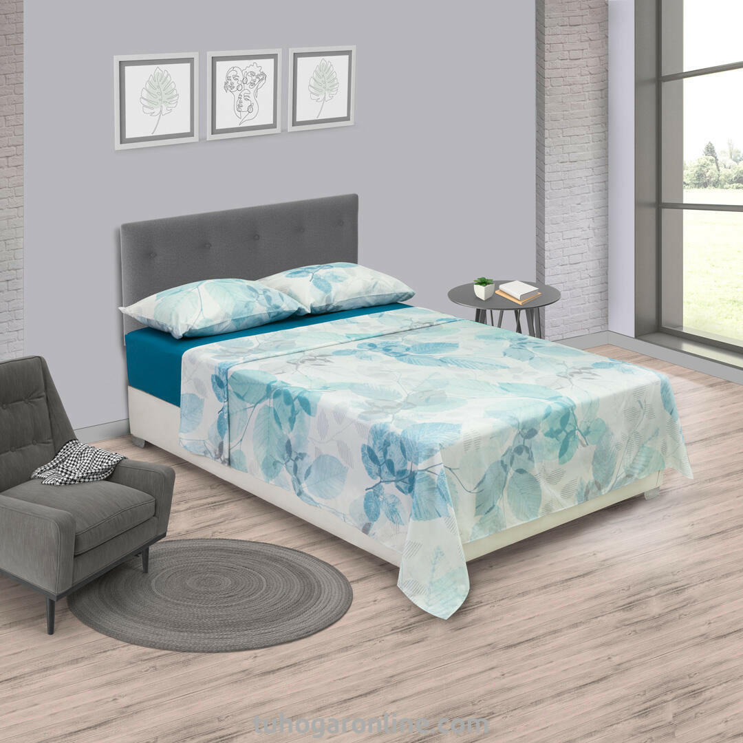 JUEGO DE SÁBANAS MICROFIBRA SUAVIZADA LÍNEA COSMOPOLITA FLORAL AZUL TURQUESA