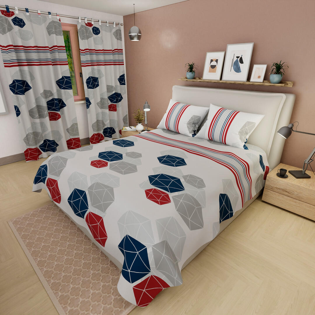 Juego De Sábanas Con Cortinas Blanco Geométrico Hexagonal  Rojo Ultra Suave 