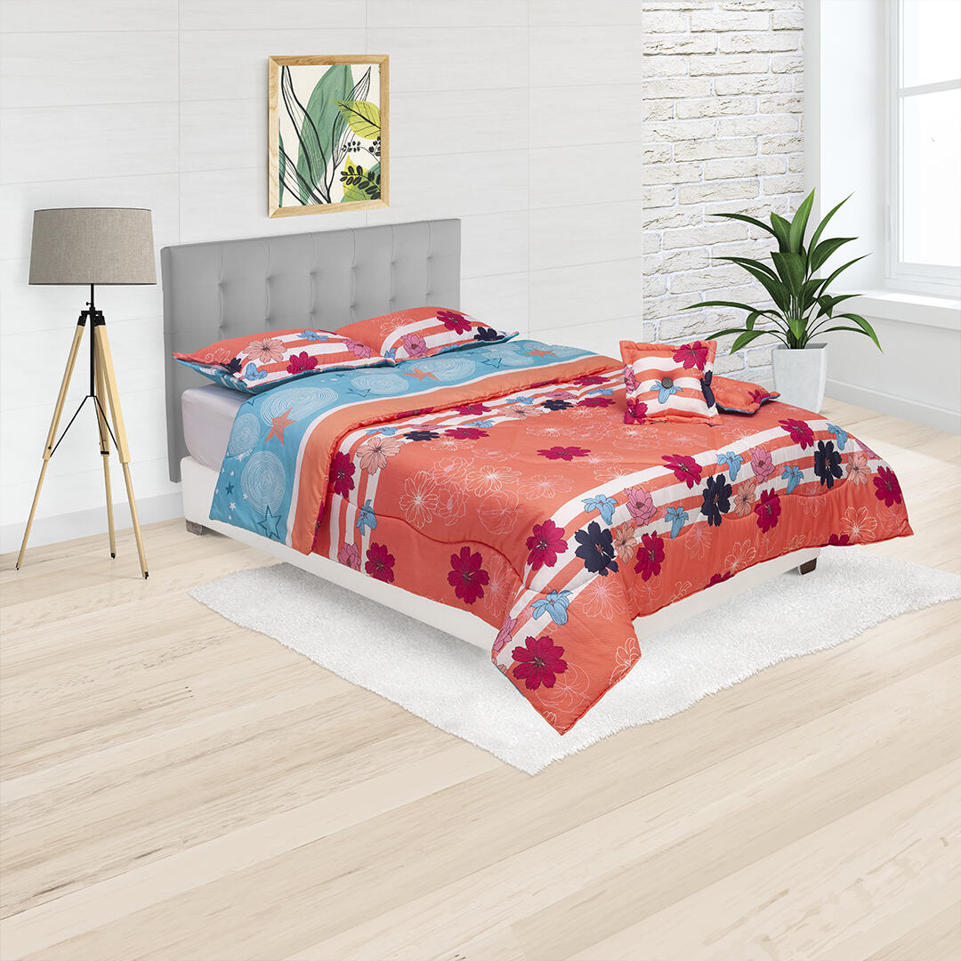 Cubrelecho Super Acolchado Salmón Con Flores y Estrellas En Fondo Azul  Ultra Suave