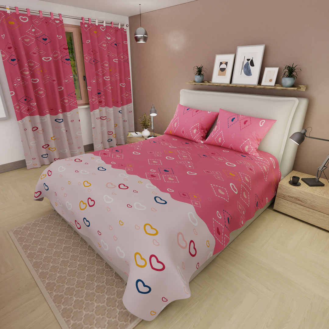 Juego De Sábanas Con Cortinas  Dream Hearts Rosa
