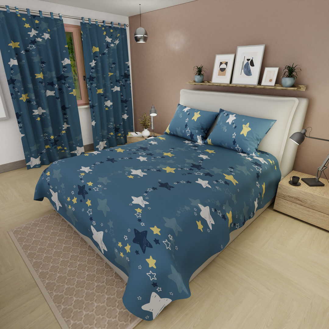 Juego de sábanas con cortinas  Universo Pop Azul