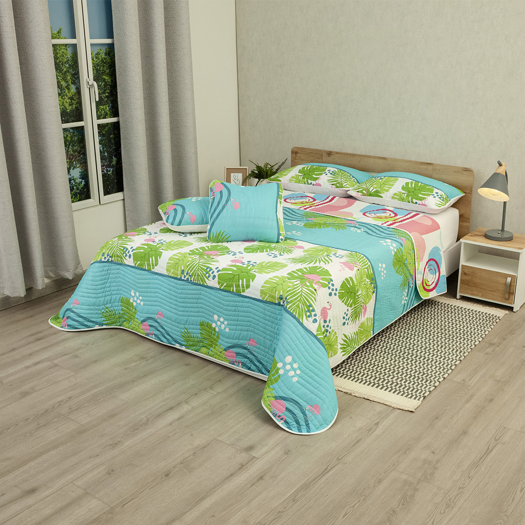 Cubrelecho Estampado Prensado Doble Faz Jardín Caribeño