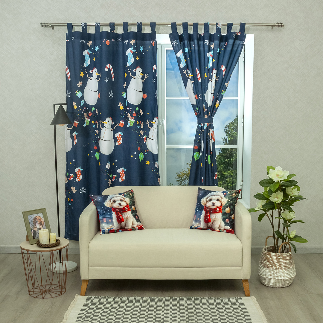 Cortina Navideña Muñecos De Nieve Bastones Fondo Azul