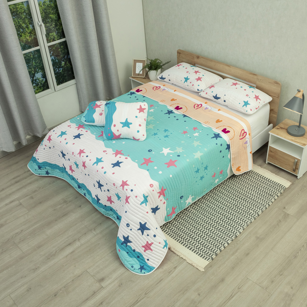 Cubrelecho Estampado Prensado Doble Faz Mar Estrellado