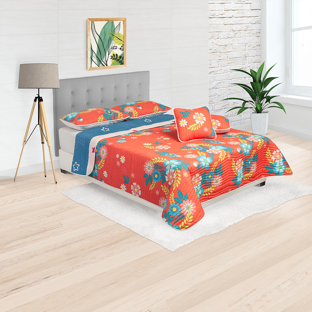 Cubrelecho Estampado Prensado Doble Faz Salmón Azul Patrón Floral 