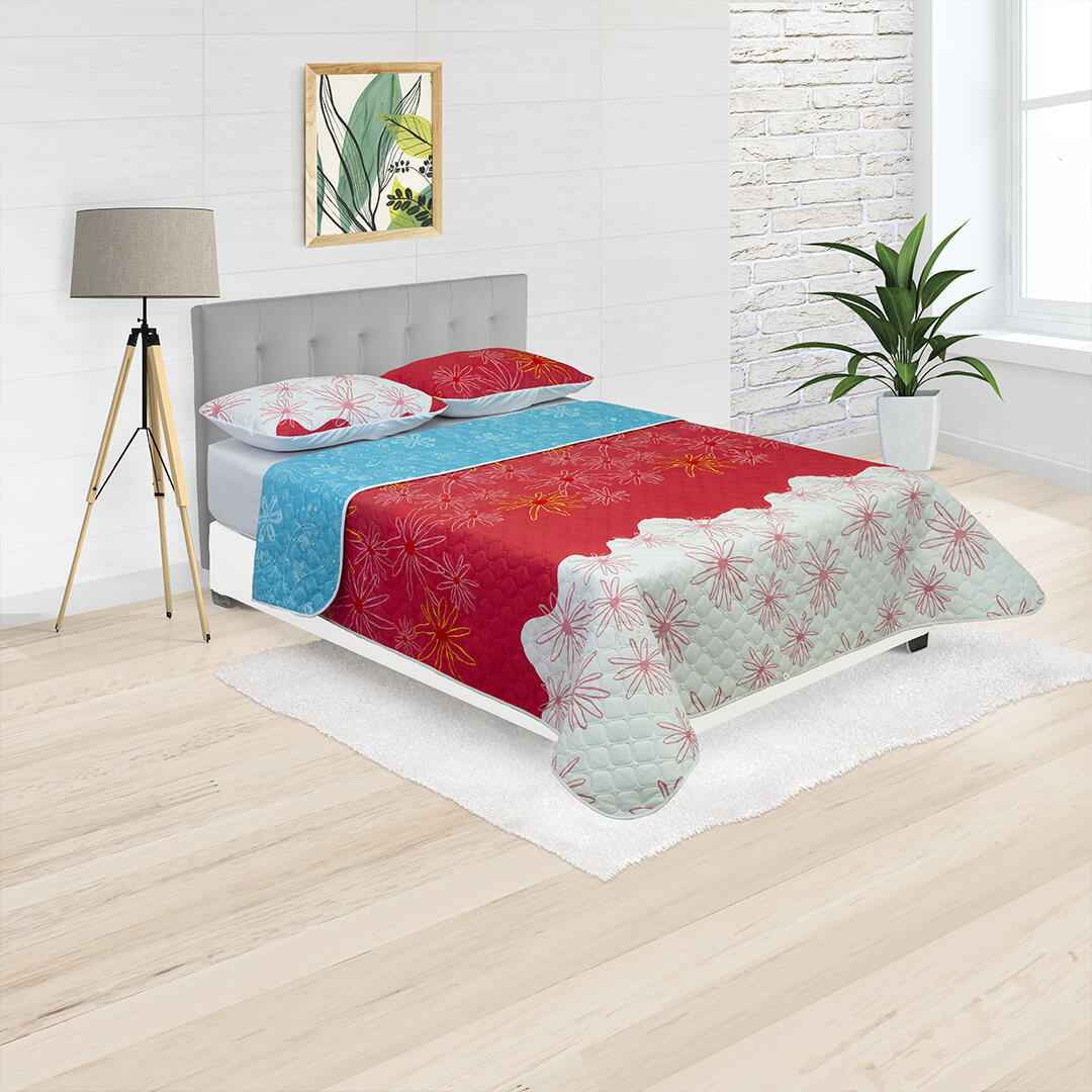 CUBRELECHO TERMOSELLADO DOBLE FAZ  FLORES ROSADAS AMARILLAS FONDO CORAL CON BLANCO