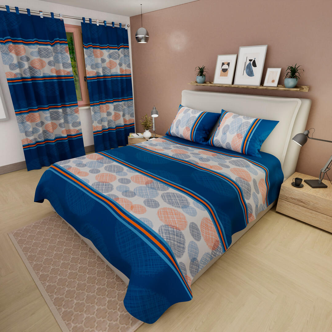 Juego De Sábanas Con Cortinas Azul Patrón Círculos En Rayas Ultra Suave 