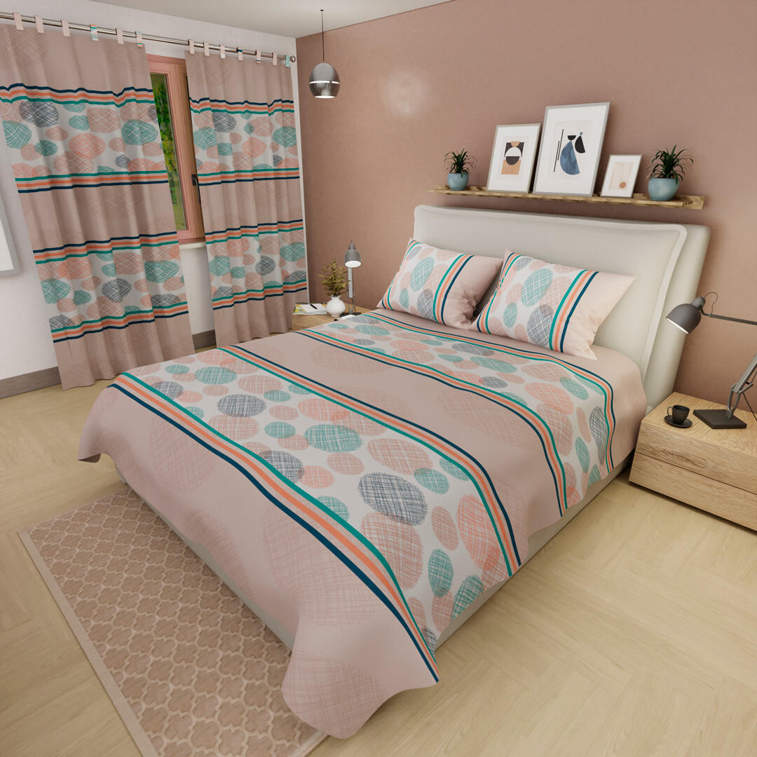 Juego De Sábanas Con Cortinas Beige Círculos En Rayas  Colorida