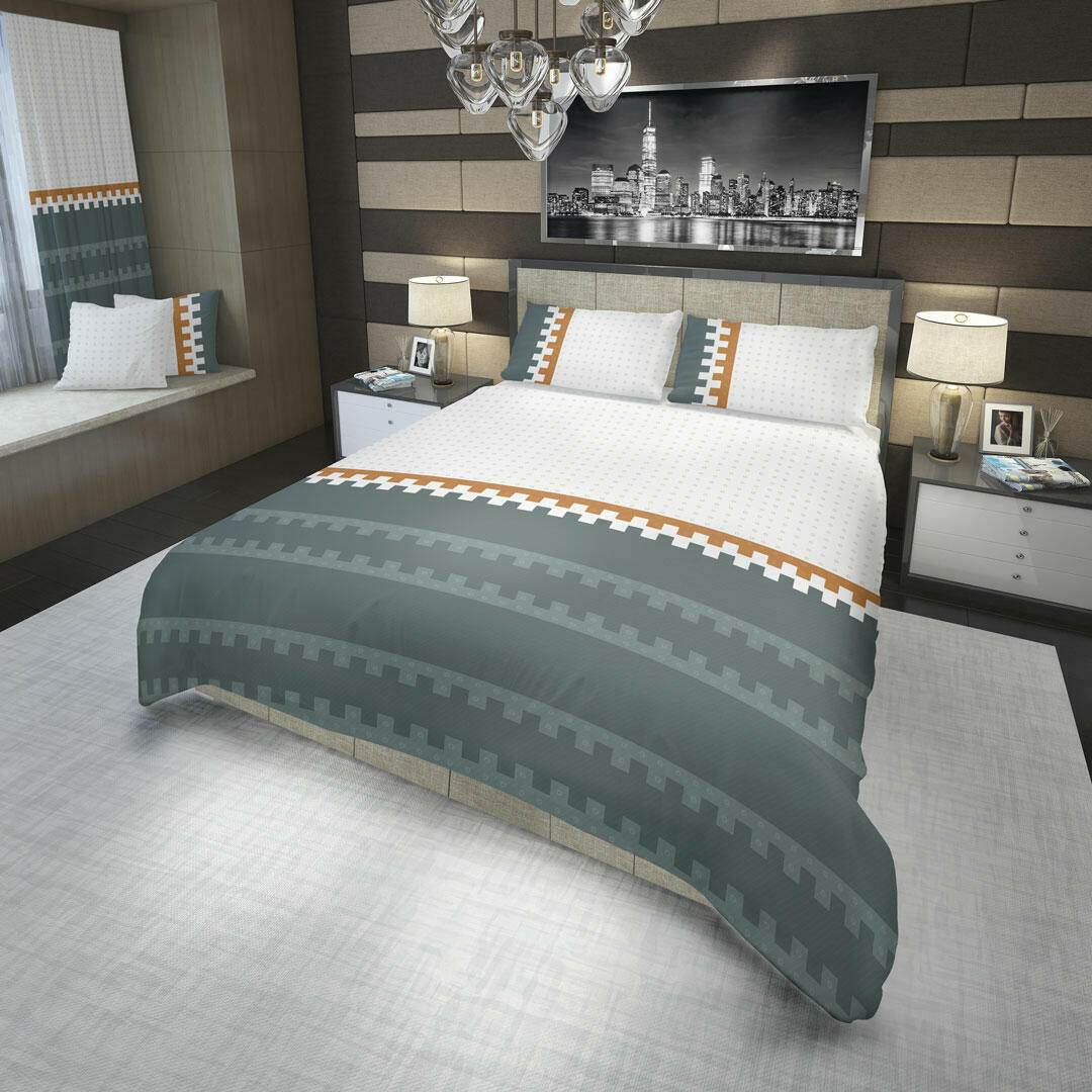 JUEGO DE SÁBANAS 180 HILOS FLORES Y CÍRCULOS EN FRANJAS NARANJA Y VERDE