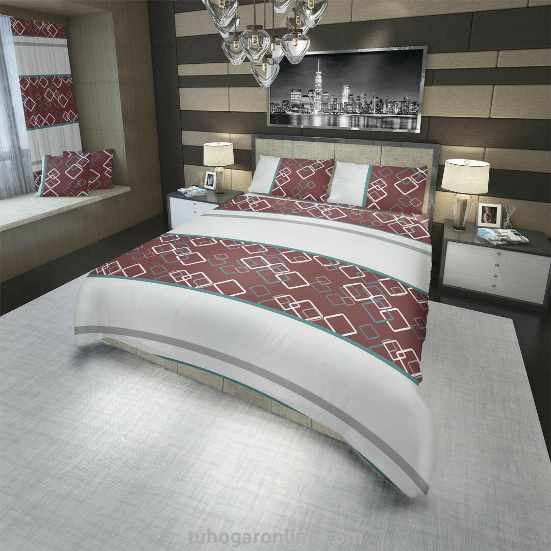 JUEGOS DE SÁBANAS MICROFIBRA ROMBOS AZUL Y BLANCOS EN FRANJA VINO TINTO