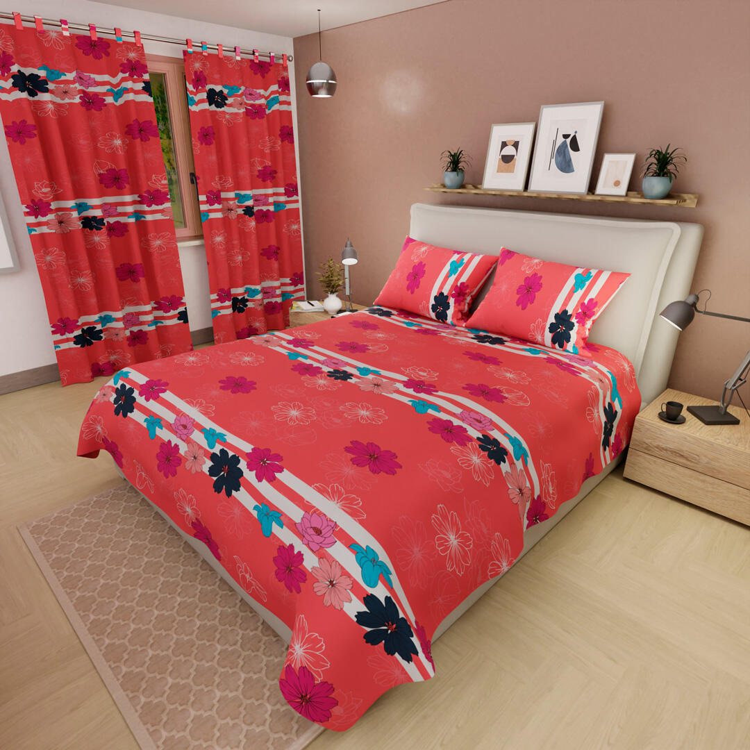 Juego De Sábanas Con Cortinas Salmón Patrón Flores Ultra Suave 