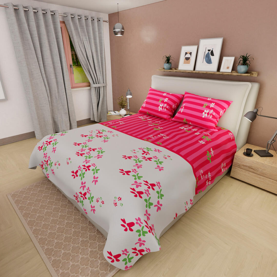 JUEGO DE SÁBANAS 180 HILOS FLORES VERDES ROSADAS FONDO BLANCO CON FUSCIA