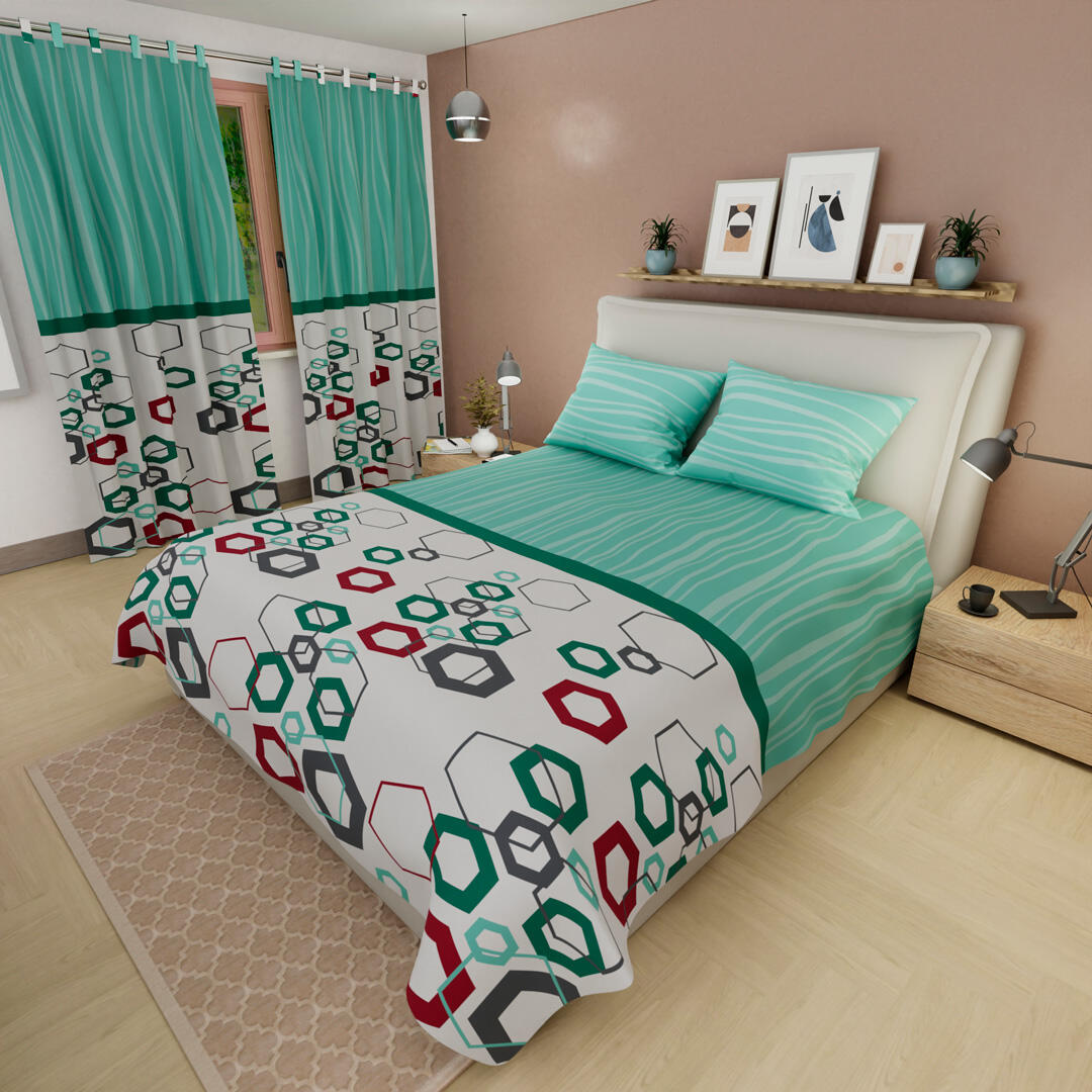Juego De Sábanas Con Cortinas Geométricas Hexagonales en Verde y Colores Vibrantes