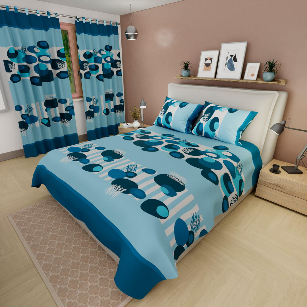 Juego De Sábanas Con Cortinas Círculos  Azules Ultra Suave 