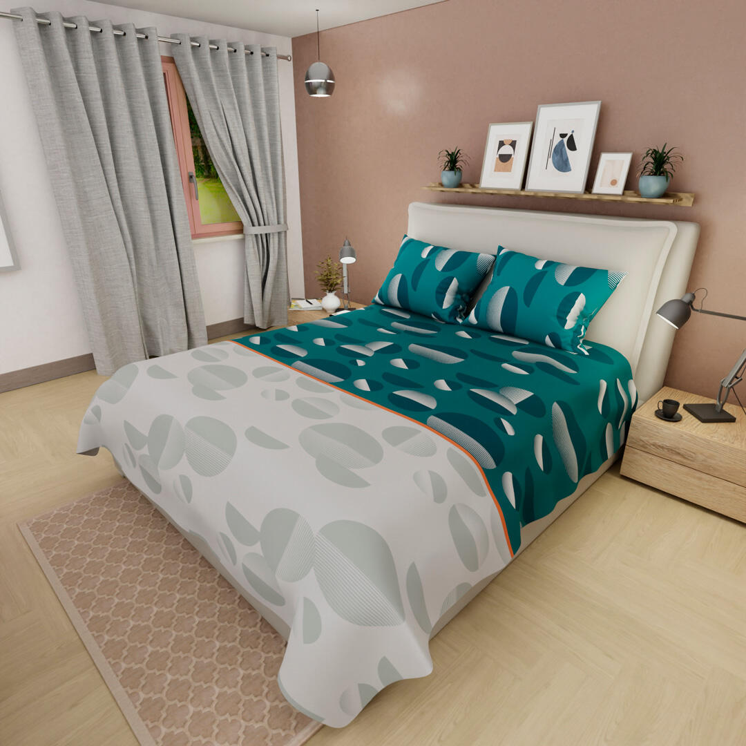 JUEGO DE SÁBANAS 180 HILOS  CÍRCULOS FONDO VERDE Y GRIS