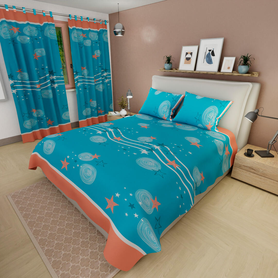 Juego De Sábanas Con Cortinas Azul Patrón Estrellas Ultra Suave