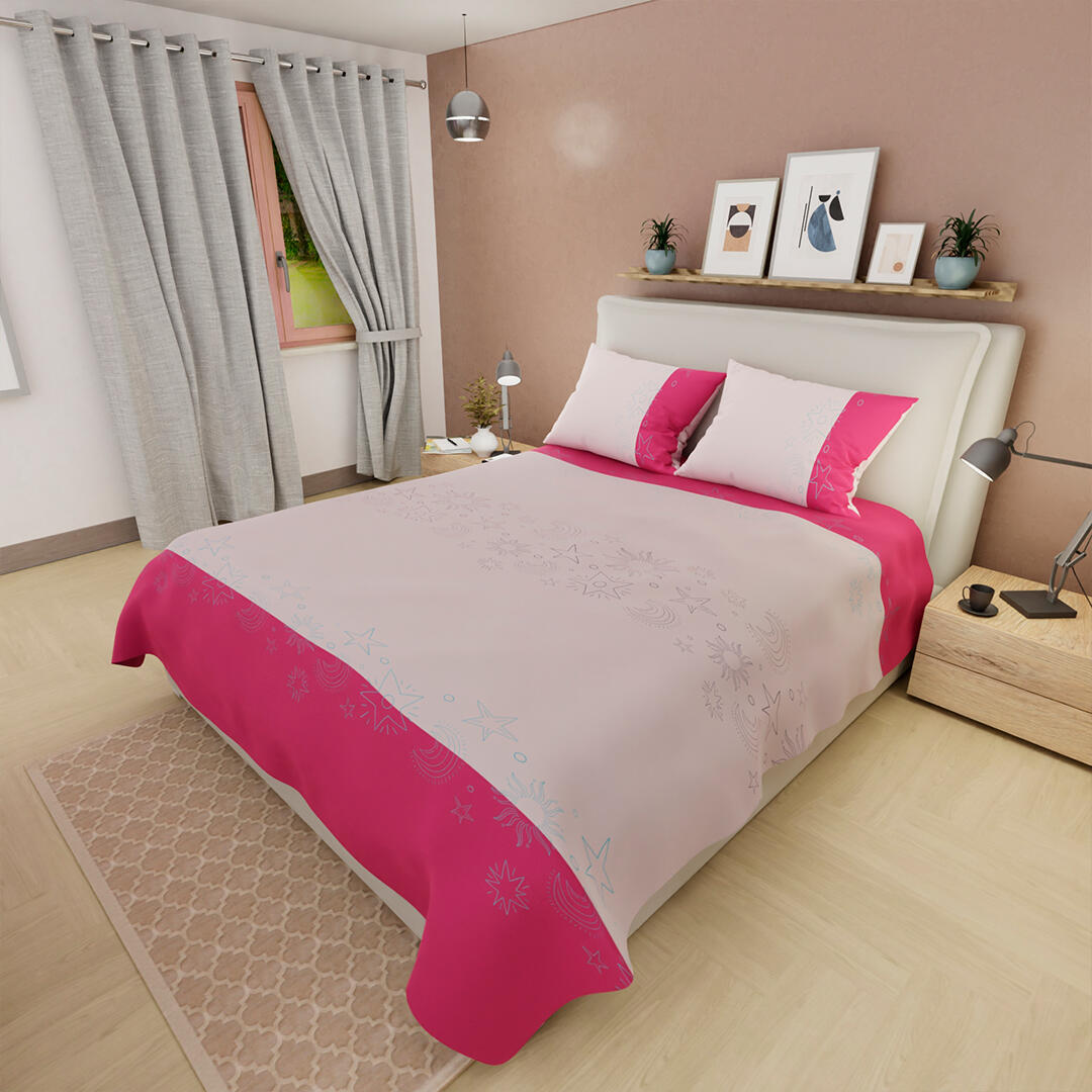   JUEGO DE SÁBANAS 180 HILOS ESTRELLAS LUNAS SOLES FONDO ROSADO CON FUSCIA 