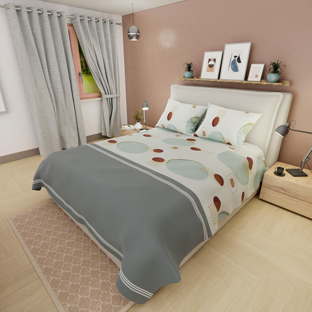  JUEGO DE SÁBANAS 180 HILOS CÍRCULOS EN VINOTINTO FONDO BLANCO CON GRIS 